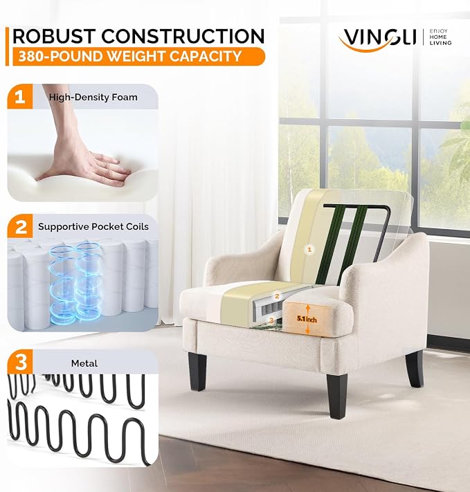 VINGLI Linen Fabric Accent Chair Beige, Modern Upholstered Armchair, Comfy Sofa - Image 5