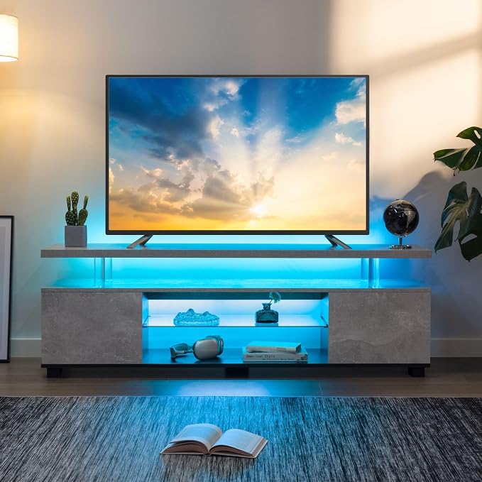 Cubehom Grey TV Stand, LED TV Stand Modern Entertainment Center - Image 3