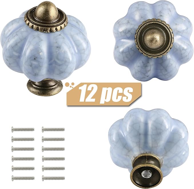 Blue Crackle Pumpkin Knobs 12 Pack Ceramic Cabinet Knobs Vintage Drawer Pulls - Image 2