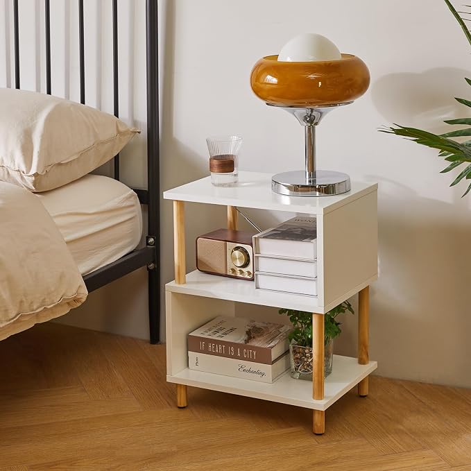 Aibiju White Night Stand with Open Storage Shelf, Wood Nightstand S Shape - Image 5