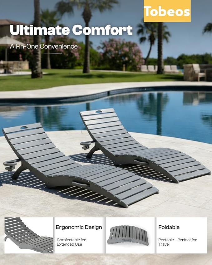 Folding HDPE Pool Lounge Chairs Set of 6, Pre-Assembled Outdoor Chaise Lounge - Image 4