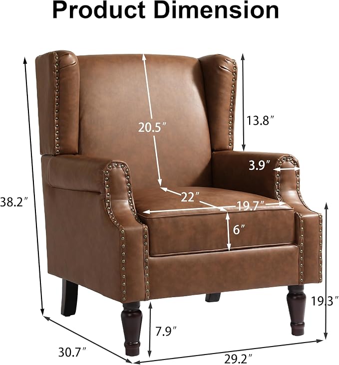 Pia Ricco Set of 2 Faux Leather Accent Chairs, High Back Wingback Armchairs - Image 2