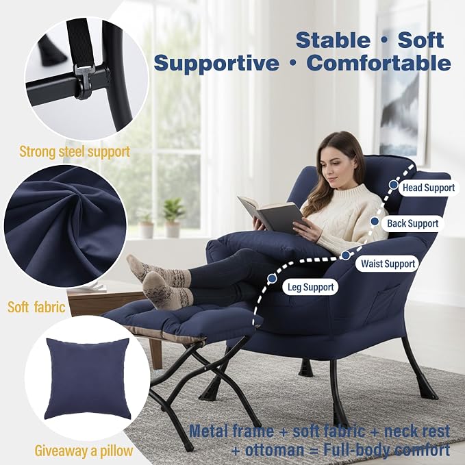 Lazy Chair with Ottoman, Large Accent Chair with Ottoman and a Throw Pillow - Image 3