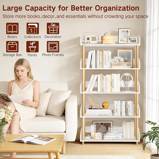 5-Tier Wooden Bookshelf, Modern Open Bookcase - Image 5