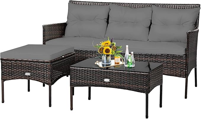 Tangkula 3 Pieces Patio Conversation Set, All Weather Outdoor PE Rattan Wicker by TANGKULA