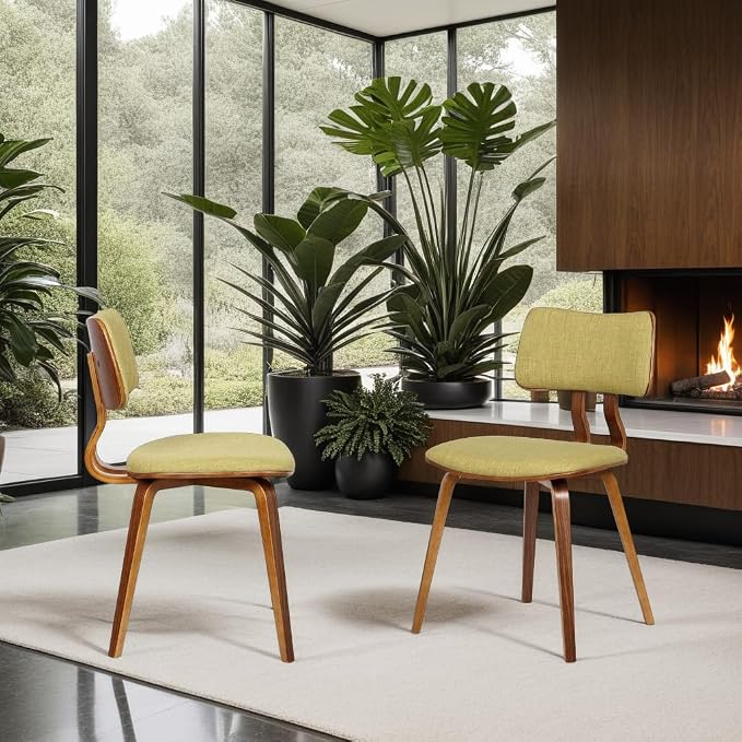 Armen Living Jaguar Mid-Century Dining Chair in Walnut Wood and Green Fabric - Image 2