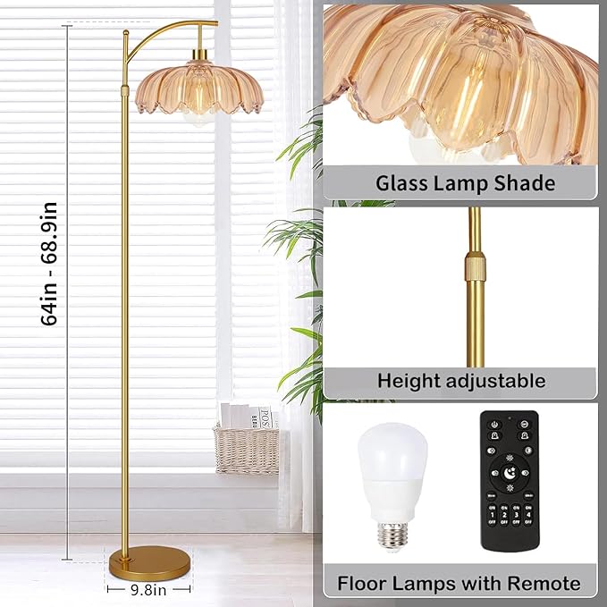 QIYIZM Glass Floor Lamp for Living Room, Mid Century Modern Brass Tall Lamp - Image 5