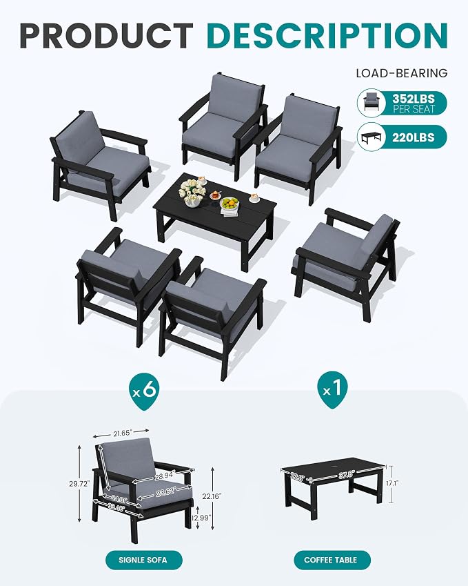 SERWALL HDPE Outdoor Furniture Set, 7 Piece All Weather Wood-Like Outdoor Sofa - Image 2