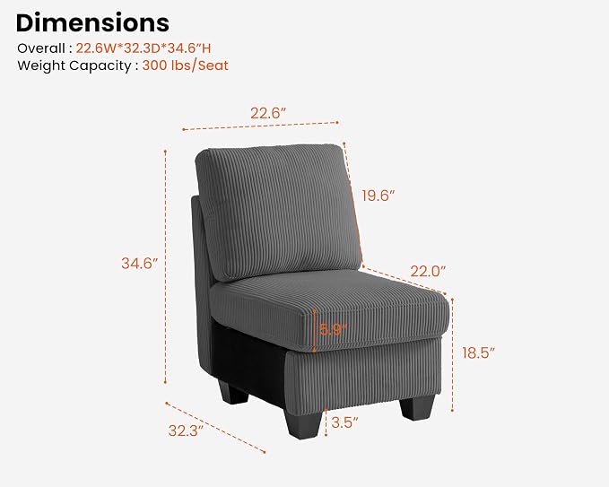 CHIC HOUSE Middle Module for Modular Couch, Corduroy Customizable Chaise - Image 2
