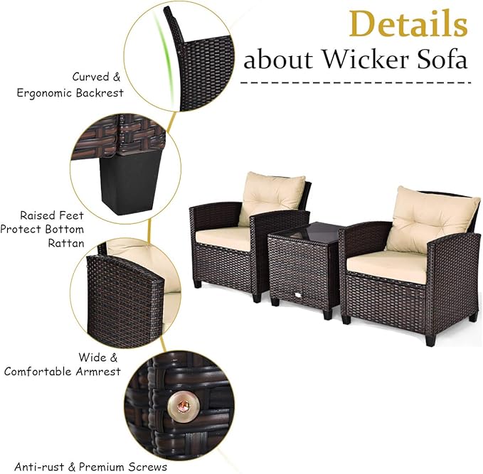 COSTWAY 3PCS Patio Furniture Set, PE Rattan Wicker Sofa w/Washable Cushion and - Image 6