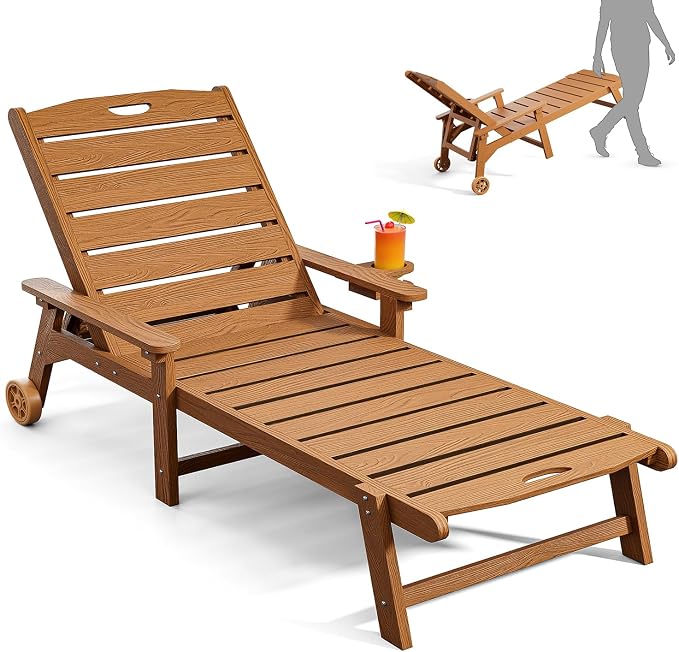 Outdoor Lounge Chair with 5-Position Adjustable, Outside Lounge Chair with Cup by LegacyAmerhomeDirect