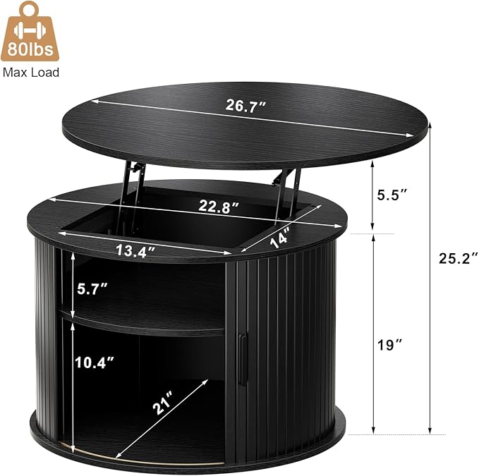 FABATO Round Lift Top Coffee Table, Fluted Wood Accent Coffee Table - Image 2