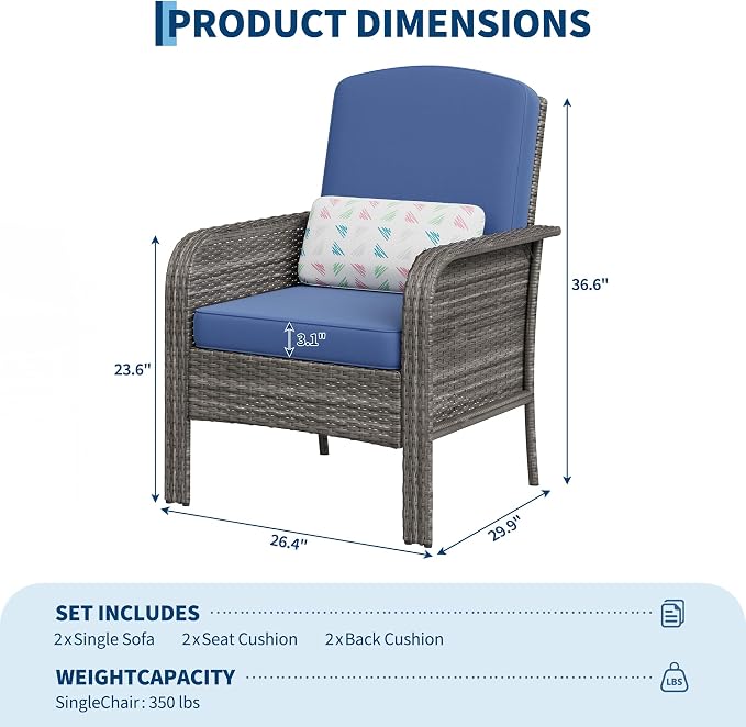 Garvee 2 Pieces Patio Furniture Set, Outdoor Wicker Chairs of 2, All Weather - Image 2