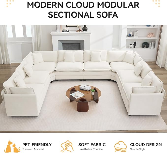 147'' Oversized U Shaped Cloud Sectional Sofa, Chenille Deep Seat Couches - Image 7
