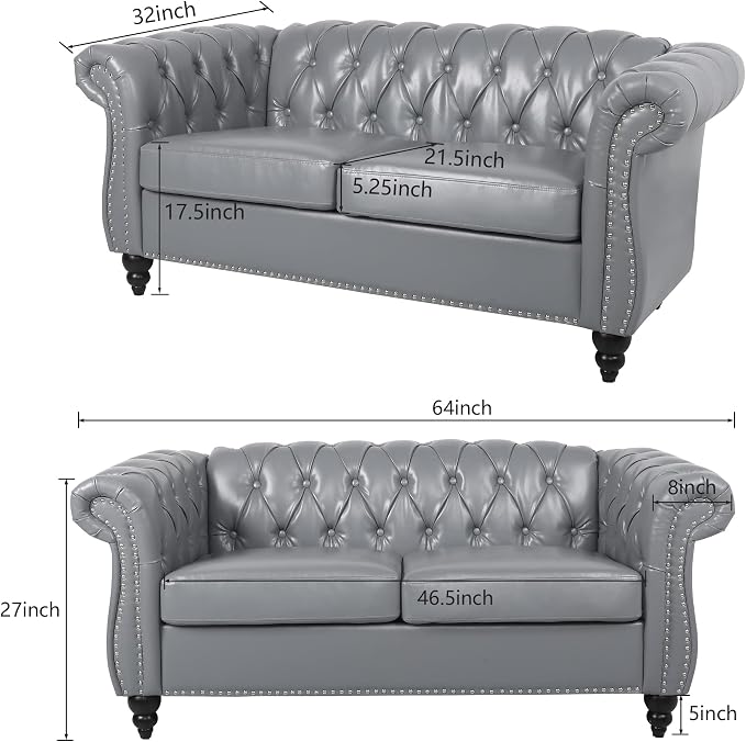 ORRD 2 Piece Living Room Set, Chesterfield Leather Sofa Couch Chair - Image 2