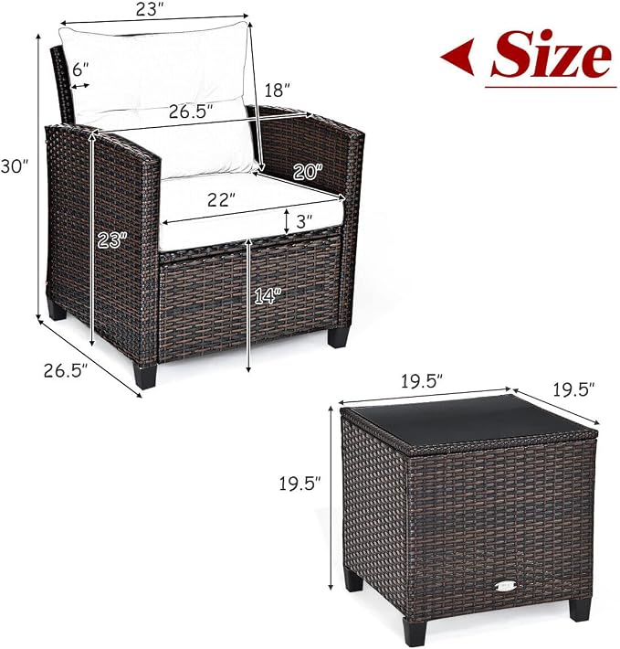 HAPPYGRILL 3 Pieces Patio Conversation Set, Outdoor Furniture Set PE Rattan - Image 7