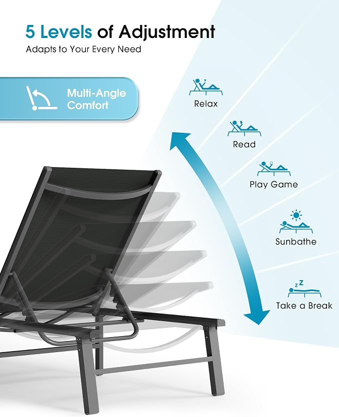 Ciokea Foldable Outdoor Lounge Chair Set of 2, No Assembly Aluminum Chaise - Image 7