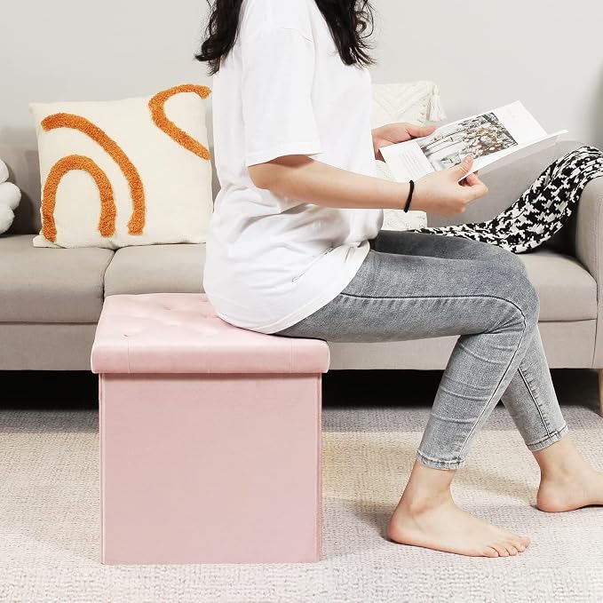 B FSOBEIIALEO Storage Ottoman Cube, Velvet Tufted Folding Ottomans - Image 4