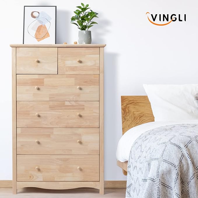 VINGLI Unfinished Natural Solid Wood 6 Drawer Dresser - Image 9