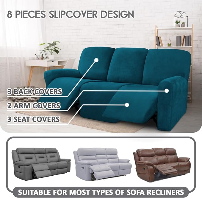 ULTICOR Velvet 8-Pieces Recliner Sofa Covers Stretch Reclining Couch Covers - Image 2