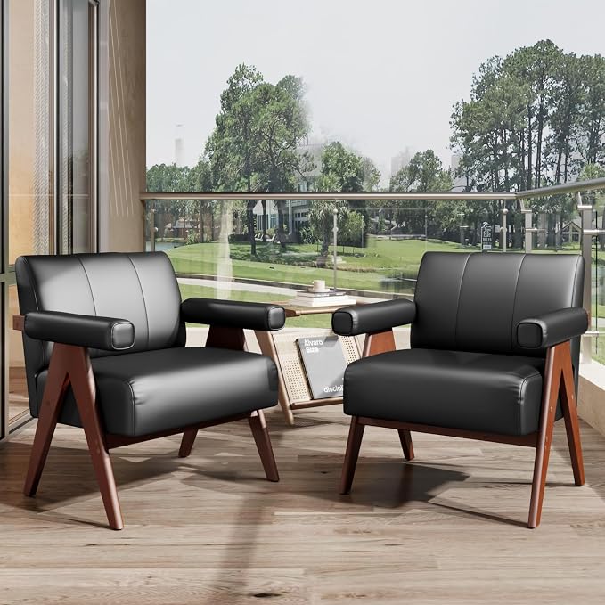 STHOUYN Black Leather Accent Chairs Set of 2, Mid Century Modern Accent Chair - Image 9