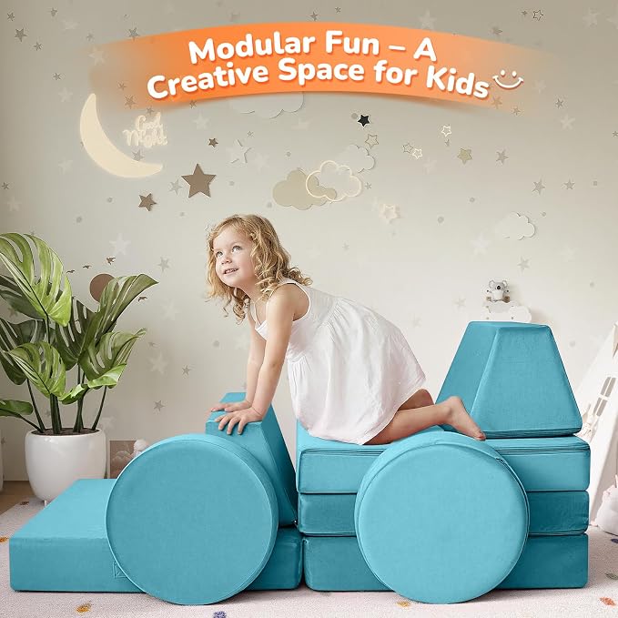 MeMoreCool Kids Play Couch, 8-Piece Modular Toddler Couch Set in Teal Blue - Image 7