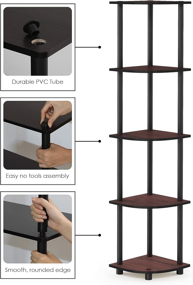 Furinno TURN-N-TUBE Corner Shelf Set of 2, 5-Tier Corner Bookshelf, Open - Image 4