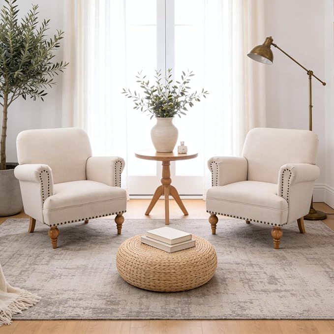 Beige Linen Fabric Accent Chairs Set of 2, Modern Farmhouse Upholstered - Image 2
