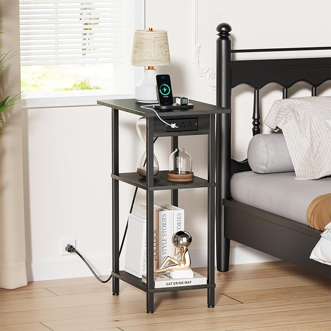 Asgolion Tall End Table with Charging Station, Skinny Nightstand with USB Ports - Image 2