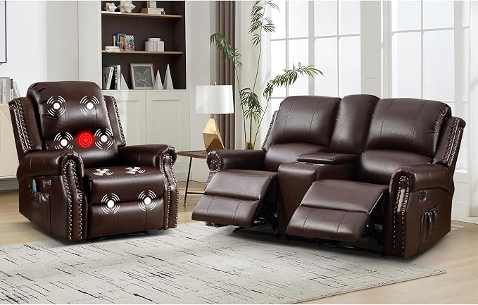EBELLO 2-Piece Manual Recliner Sofa Set, Faux Leather Message Single Recliner - Image 8