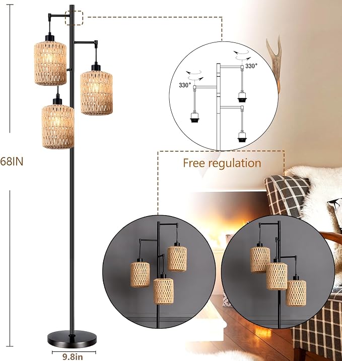 QIYIZM Floor Lamp for Living Room, 3-Lights Boho Rattan Tree Floor Lights - Image 4