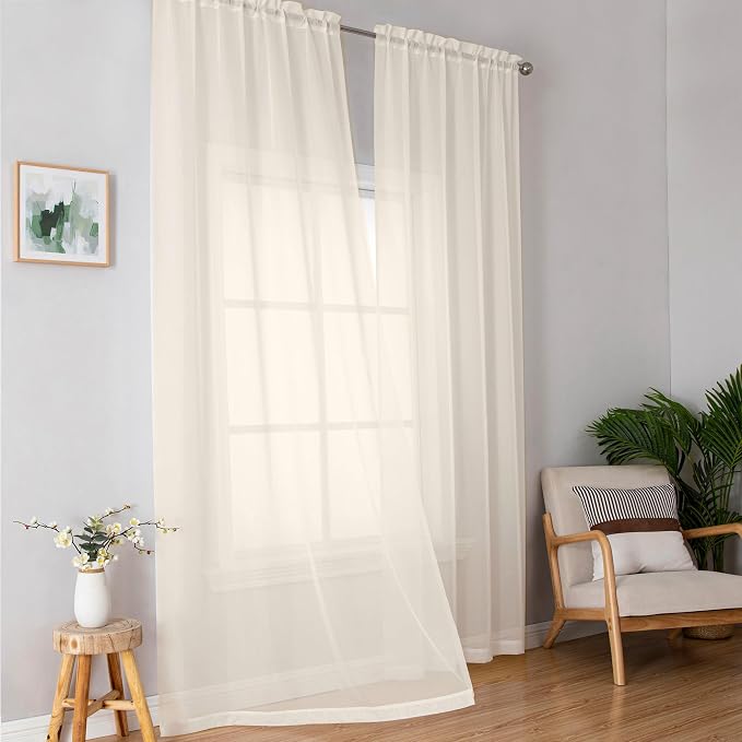 Simplebrand Cream Sheer Curtains 84 Inches Long 2 Panels, Light Filtering Rod - Image 2