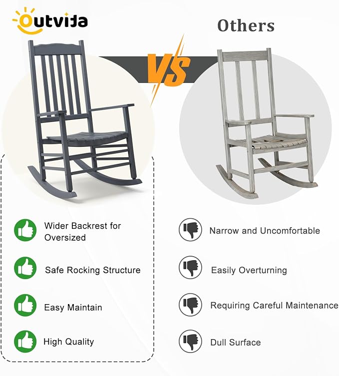 Outvita Outdoor Rocking Chair, Solid Wood High Back Rocker, All Weather Lounge - Image 4