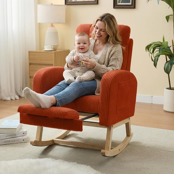 NIOIIKIT Nursery Rocking Chair, Corduroy Upholstered Rocking Chair - Image 3