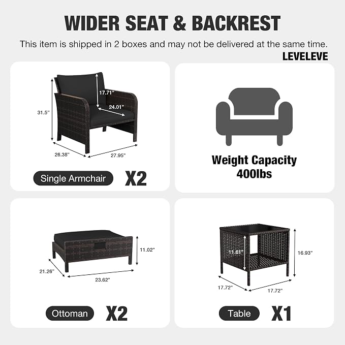 LEVELEVE Patio Conversation Set 5 Piece, Balcony Furniture Outdoor PE Rattan - Image 2