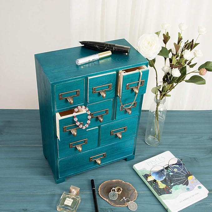 Apothecary Cabinet with 9 Drawers & Labels Rustic Library Card Catalog Cabinet - Image 4