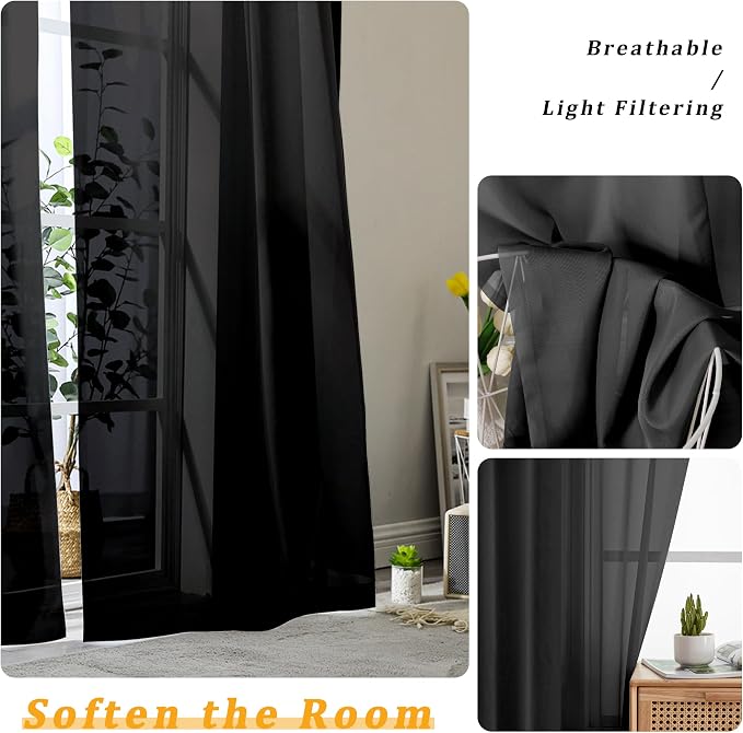 Gwine Black Sheer Curtains 108 Inches Long 2 Panels Set, Voile Light Filtering - Image 3