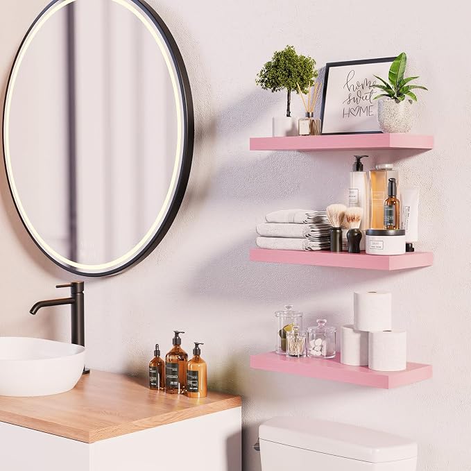 BAYKA Pink Floating Shelves for Wall Set of 3, 15.7in Wood Wall Shelves for - Image 2