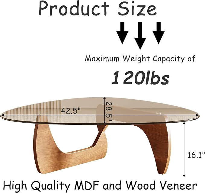 Honyee Morden Coffee Table, 42.5" x 28.5" x 16.1" Triangle Tempered Glass Top - Image 2