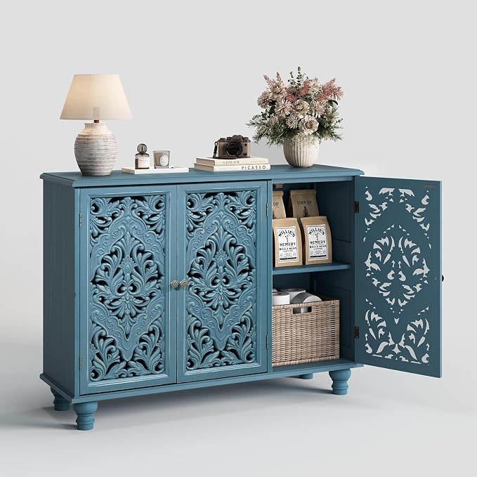 JOINICE Accent Cabinet with 3 Carved Doors, Distressed Blue Sideboard Buffet - Image 9