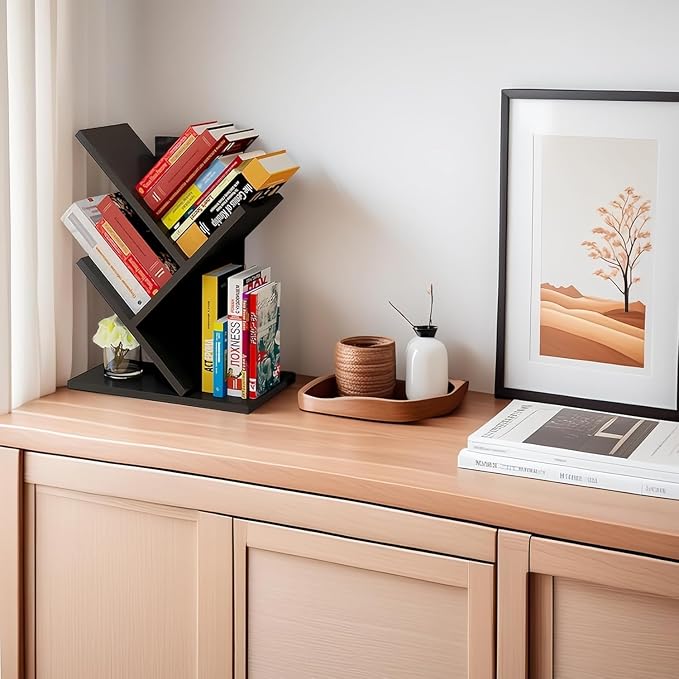 Godferyxin Tree Bookshelf, 3-Tier Wood Small Bookshelf and Mini Bookcase - Image 5