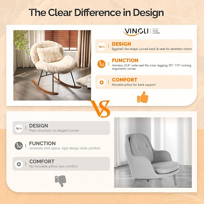 VINGLI 25.6" Extra Wide Criss Cross Nursery Rocking Chair, Cute Curved 115° - Image 3