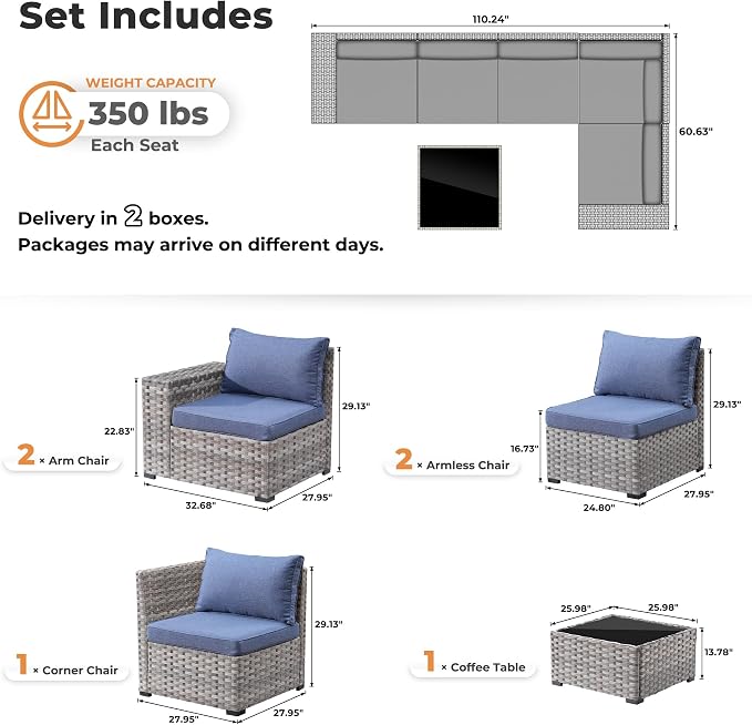 ovios 6 Pieces Patio Furniture Set, Outdoor Wicker Sectional Sofa - Image 7
