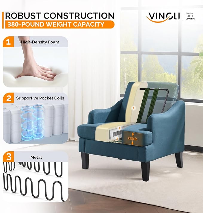 VINGLI Linen Fabric Accent Chairs Set of 2, Comfy Sofa Chair Living Room - Image 4