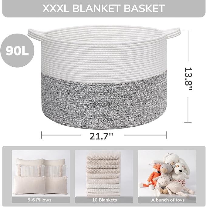 INDRESSME Large Storage Basket, 21.7'' x 13.8'' Cotton Rope Blanket Basket - Image 3