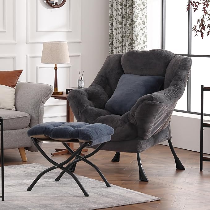 Lazy Chair with Ottoman, Large Blue Gray Accent Chair with Ottoman and FA Throw - Image 2