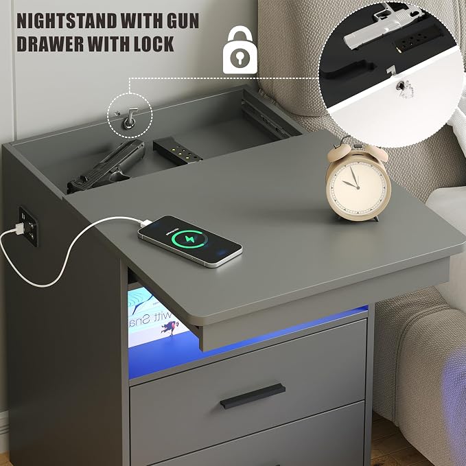 Nightstand with Gun Drawer, Charging Bedside Table with USB & Type-C Port - Image 3