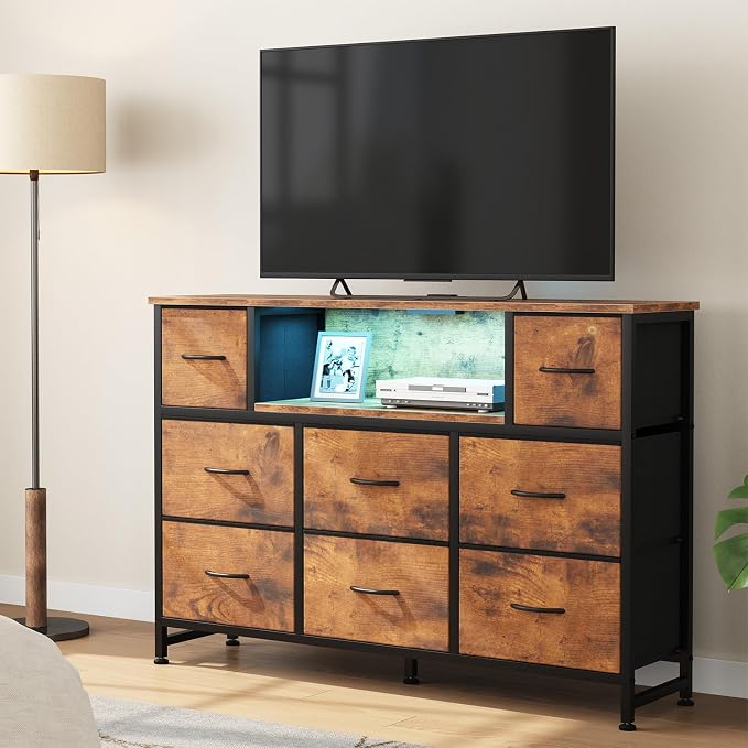 DUMOS TV Stand Dresser with 8 Fabric Drawers and Open Shelves, LED - Image 2