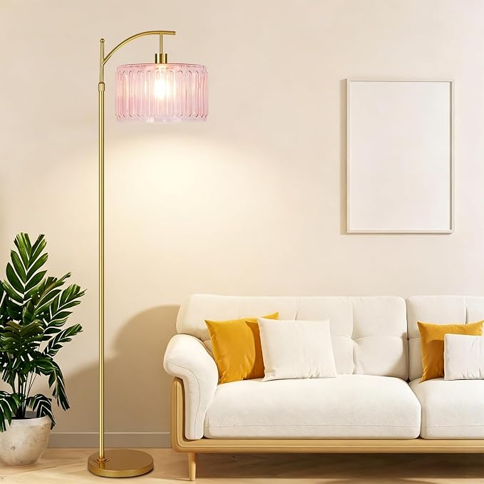 QIYIZM Pink Floor Lamp for Living Room, Mid Century Modern Brass Tall Lamp Boho - Image 7