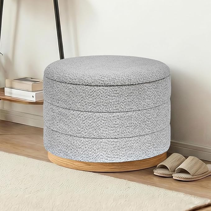 Round Storage Ottoman with Tray Lid, Folding Chenille Fabric Footrest with - Image 8